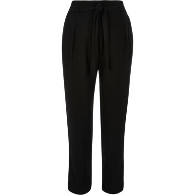 Black soft tie waist tapered trousers